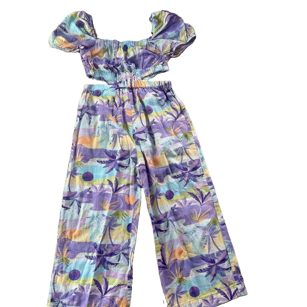 Zara Girls Size 10 Purple Tropical Floral‎ Puff Sleeve Square Neck Jumpsuit